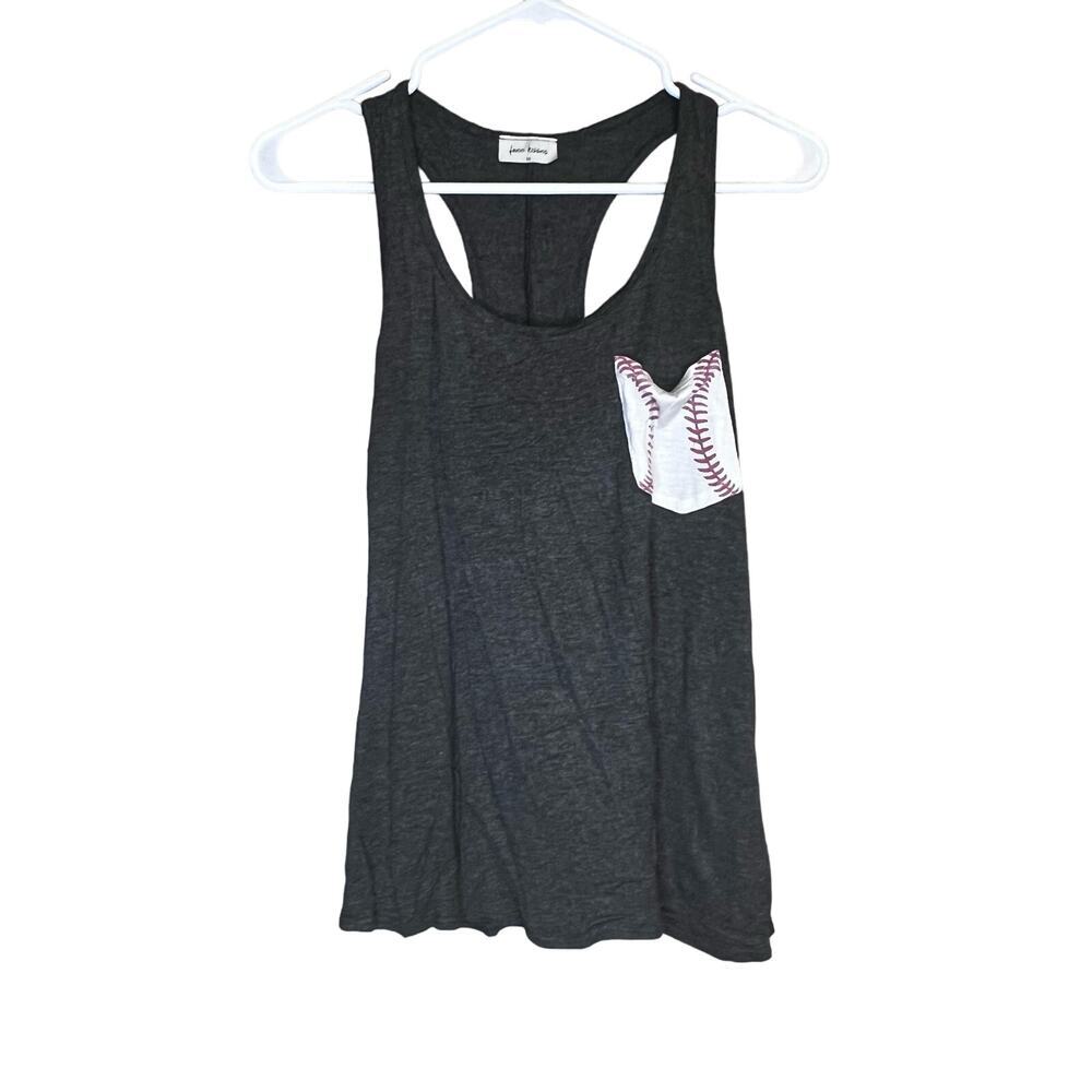 FREE KISSES Dark Gary Baseball Graphic Pocket Sleeveless Racerback Tank Medium - Picture 2 of 6